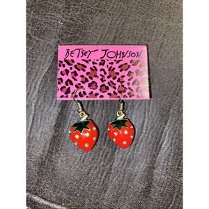 Betsey Johnson Earrings 3D Strawberry Gold Tone Rhinestone Enamel Dangle
